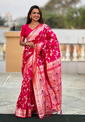 Rani Pink Weaving Silk Saree Set