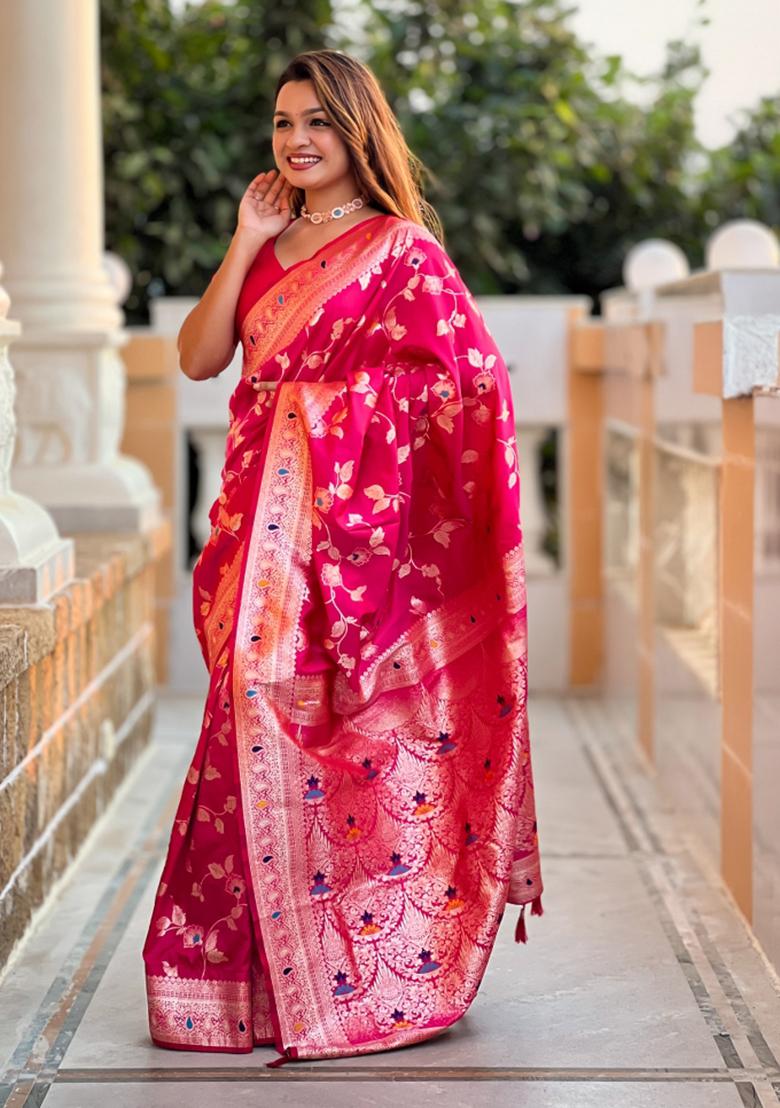Rani Pink Weaving Silk Saree Set