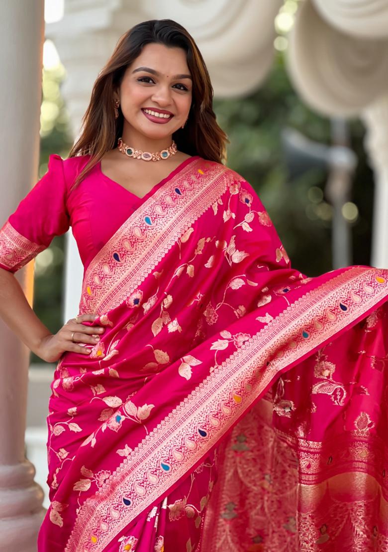 Rani Pink Weaving Silk Saree Set