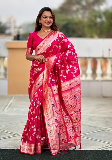 Rani Pink Weaving Silk Saree Set