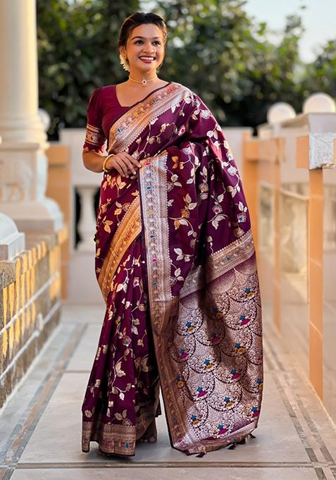 Wine Weaving Silk Saree Set