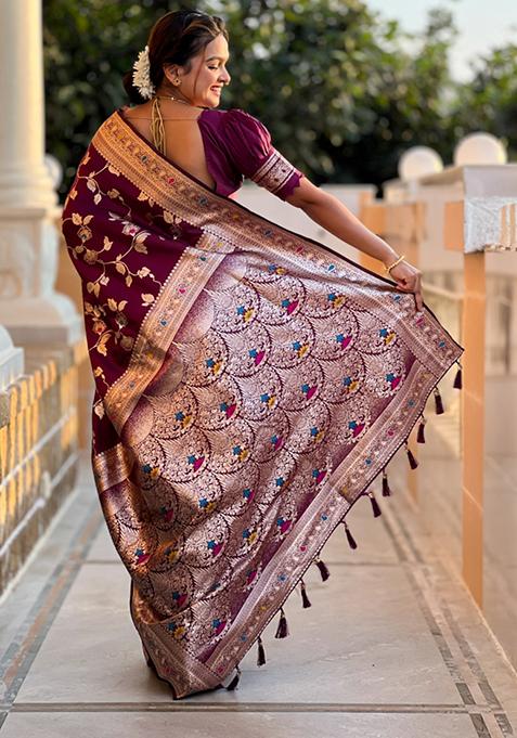Wine Weaving Silk Saree Set