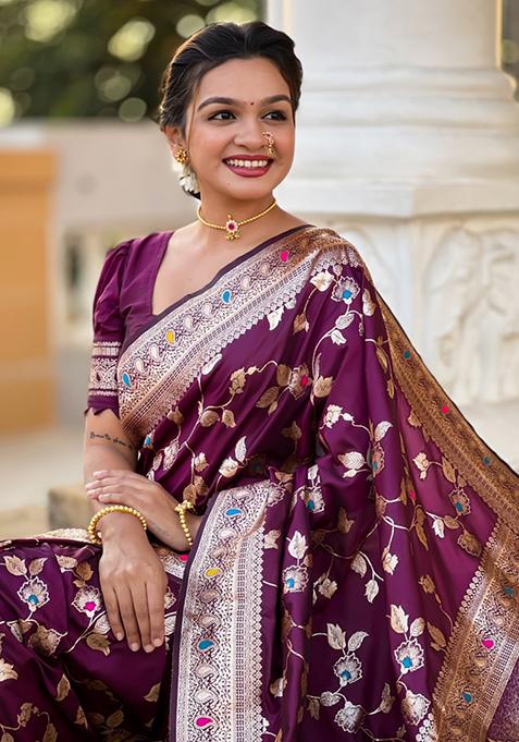 Wine Weaving Silk Saree Set