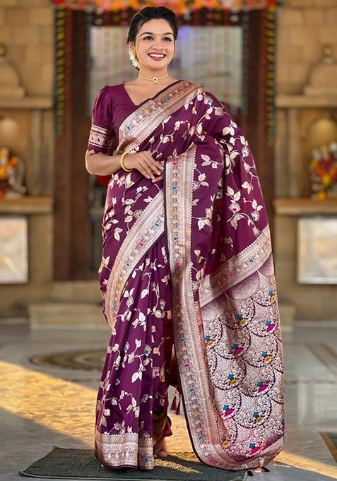 Wine Weaving Silk Saree Set
