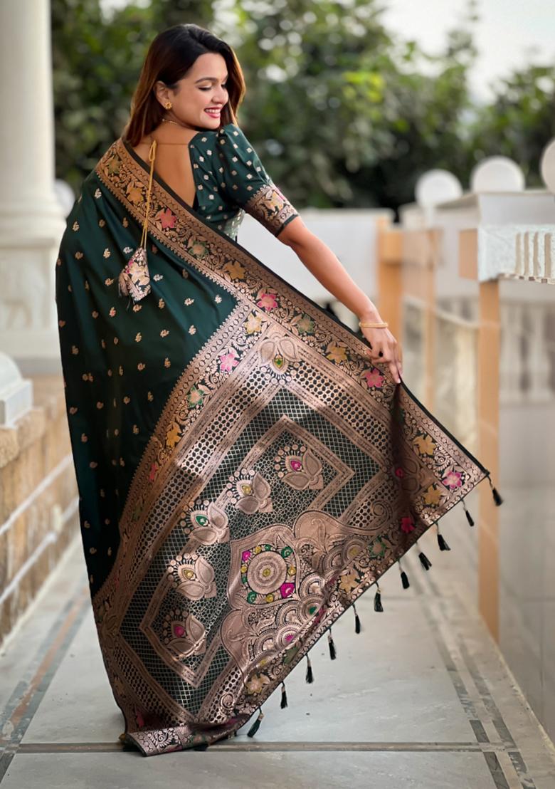 Bottle Green Weaving Silk Saree Set - Indya