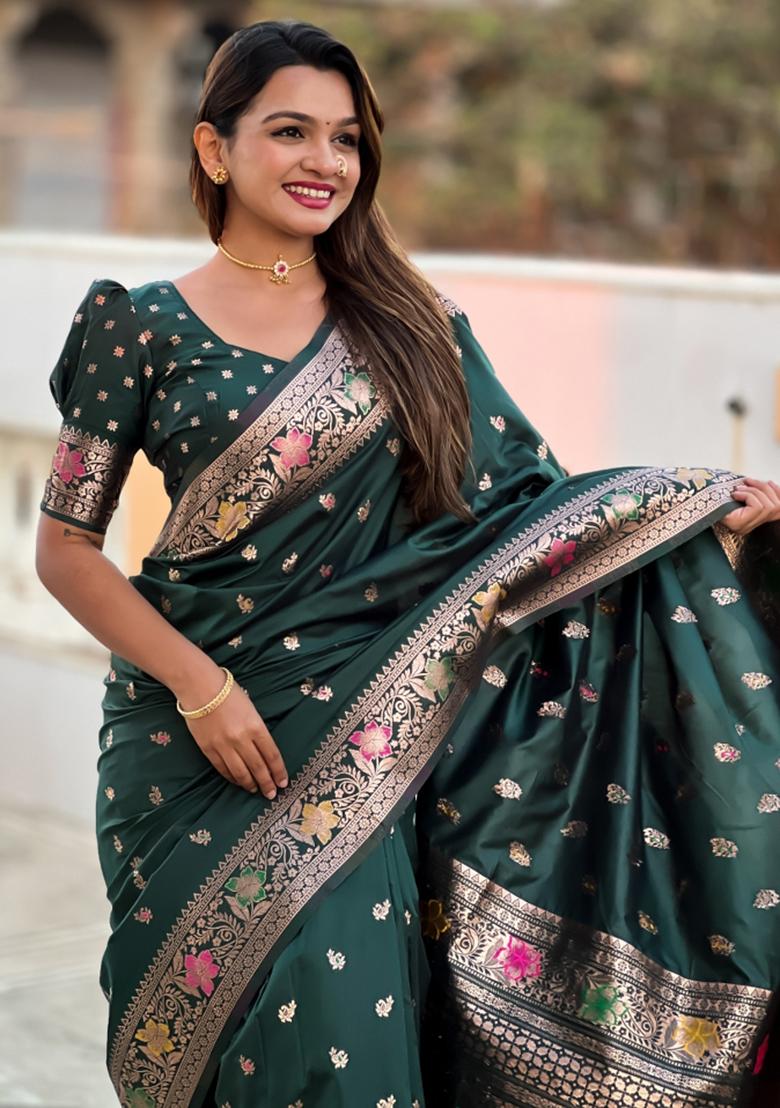 Bottle Green Weaving Silk Saree Set