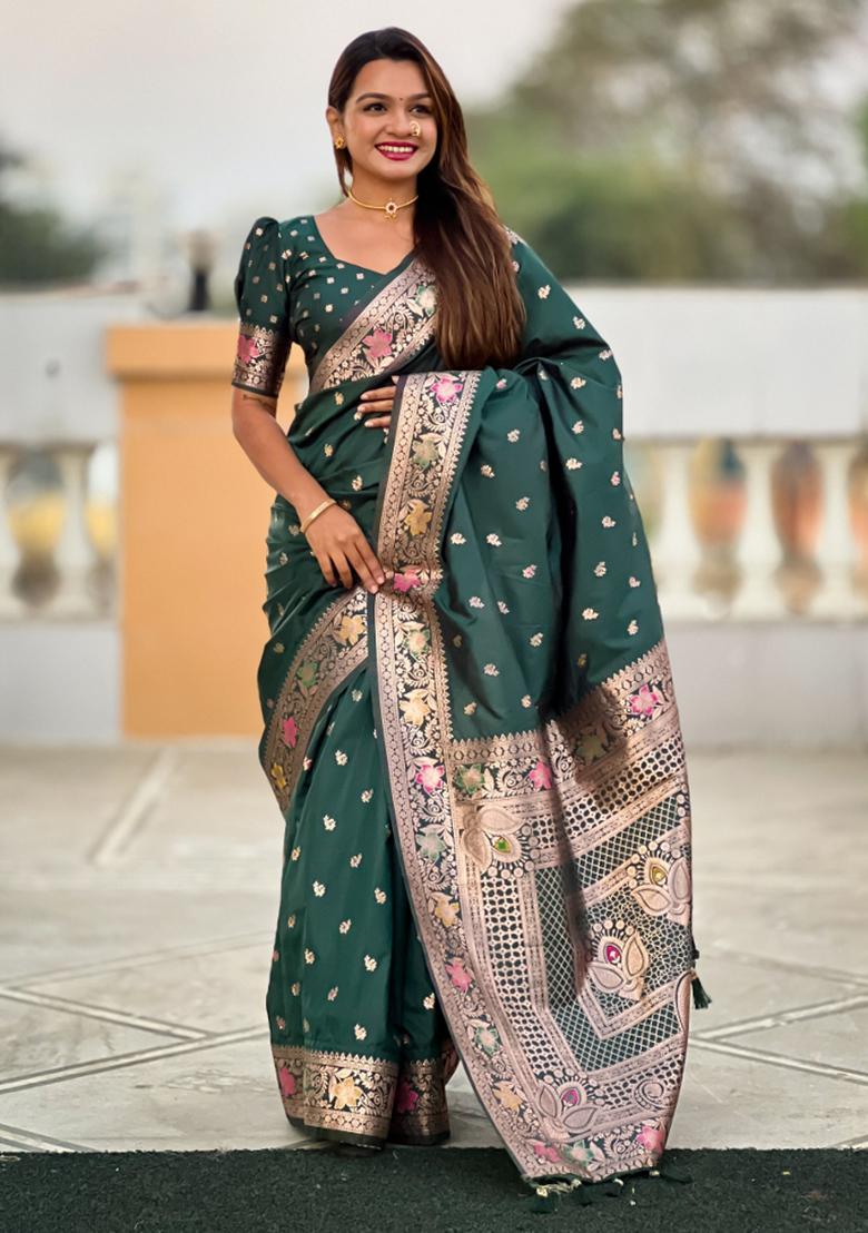 Bottle Green Weaving Silk Saree Set - Indya