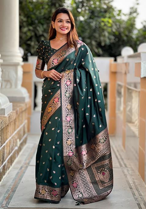 Bottle Green Weaving Silk Saree Set