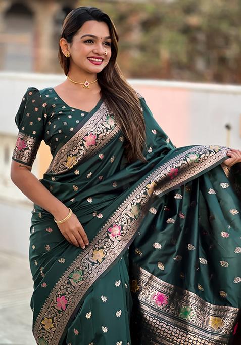 Bottle Green Weaving Silk Saree Set