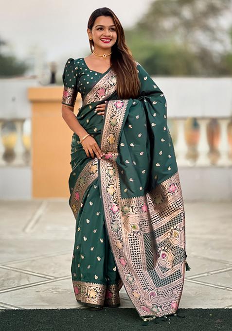 Bottle Green Weaving Silk Saree Set