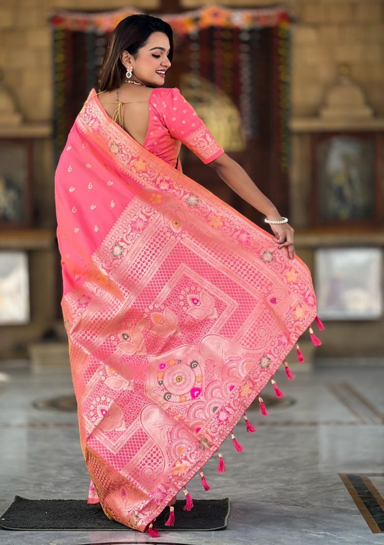 Pink Weaving Silk Saree Set