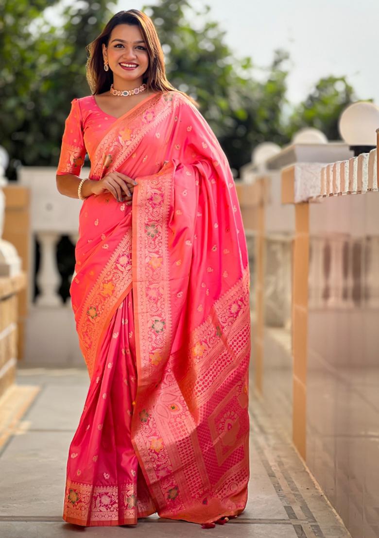 Pink Weaving Silk Saree Set