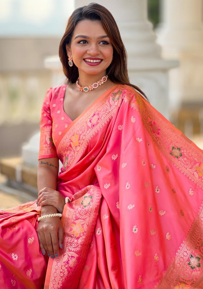 Pink Weaving Silk Saree Set