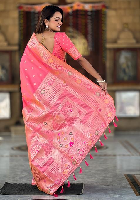 Pink Weaving Silk Saree Set