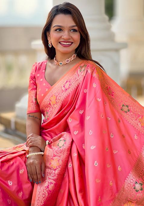Pink Weaving Silk Saree Set