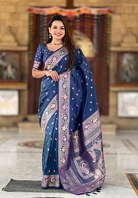 Morpeach Blue Weaving Silk Saree Set
