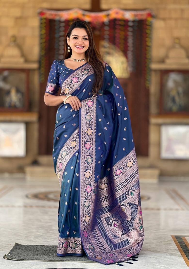 Morpeach Blue Weaving Silk Saree Set