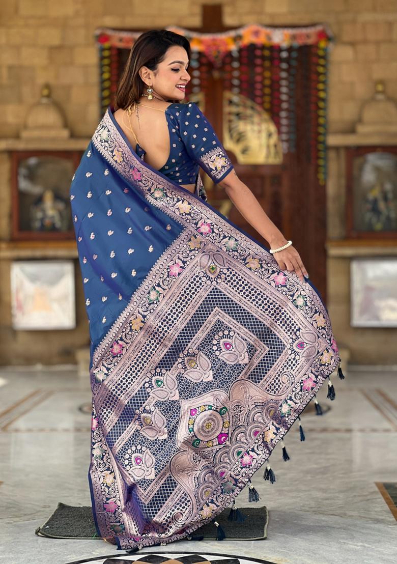 Morpeach Blue Weaving Silk Saree Set