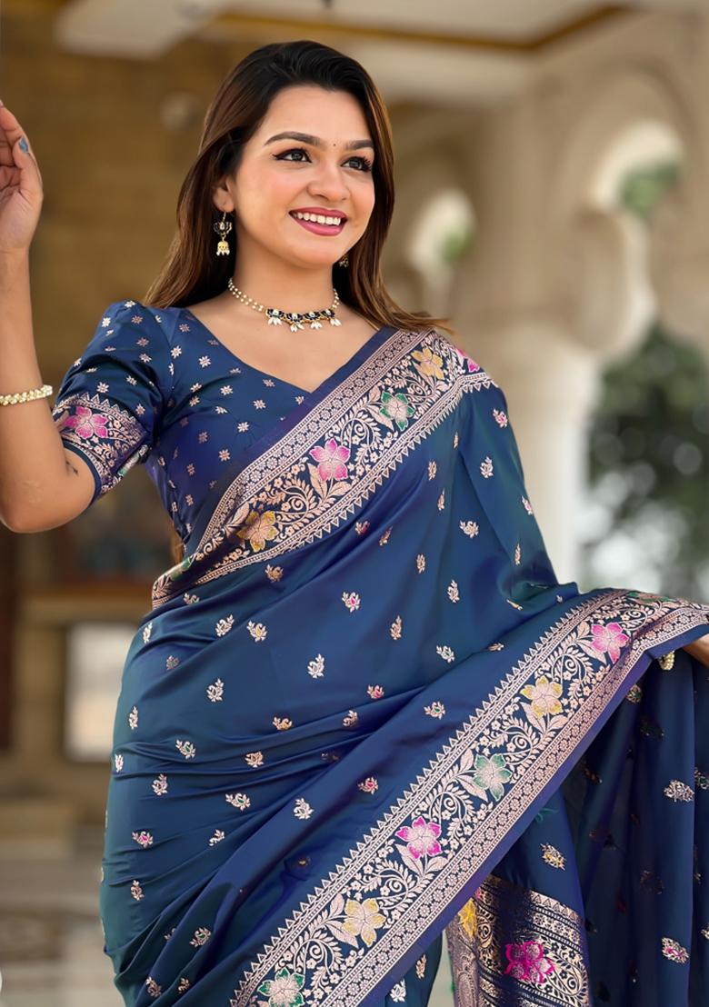 Morpeach Blue Weaving Silk Saree Set