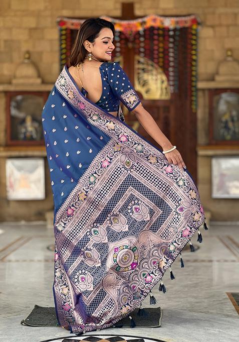 Morpeach Blue Weaving Silk Saree Set