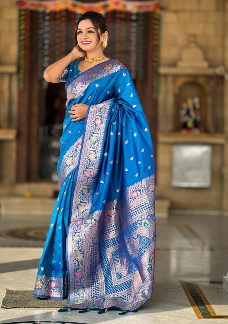 Sky Blue Weaving Silk Saree Set