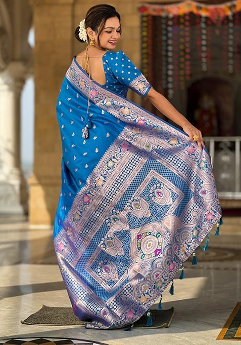 Sky Blue Weaving Silk Saree Set