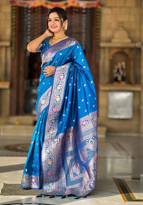 Sky Blue Weaving Silk Saree Set