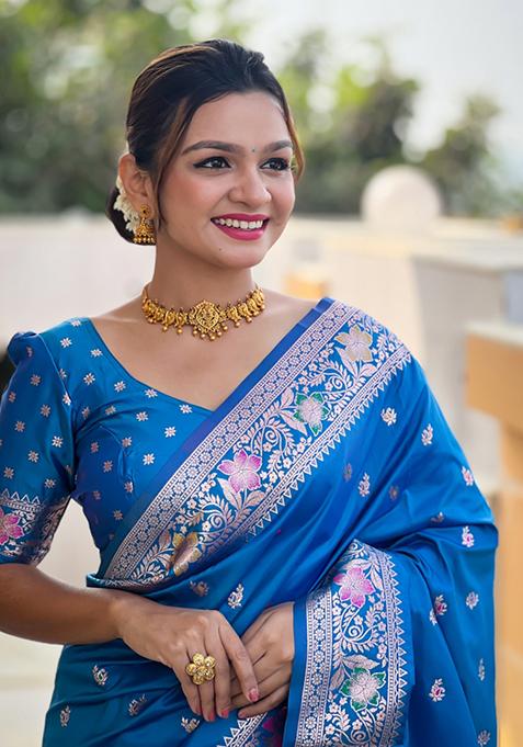 Sky Blue Weaving Silk Saree Set