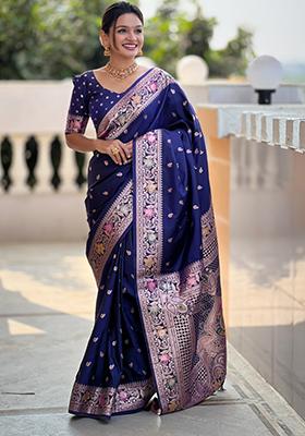 Navy Blue Weaving Silk Saree Set