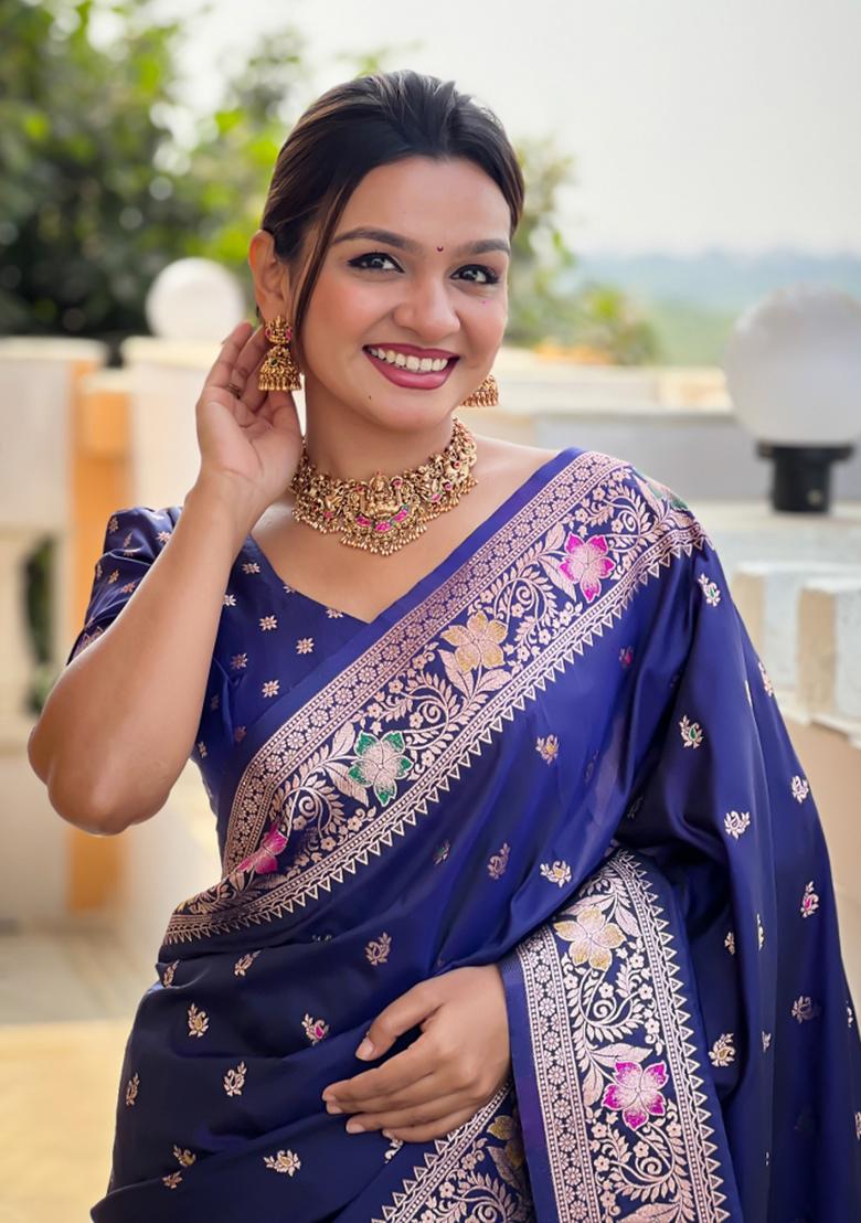 Navy Blue Weaving Silk Saree Set - Indya