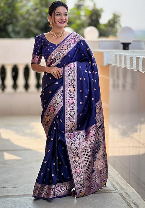 Navy Blue Weaving Silk Saree Set