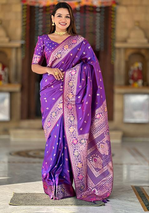 Violet Weaving Silk Saree Set