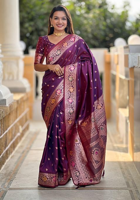 Wine Weaving Silk Saree Set