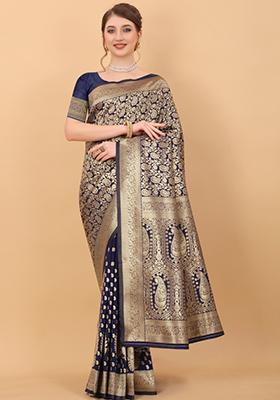 Navy Blue Weaving Silk Saree Set