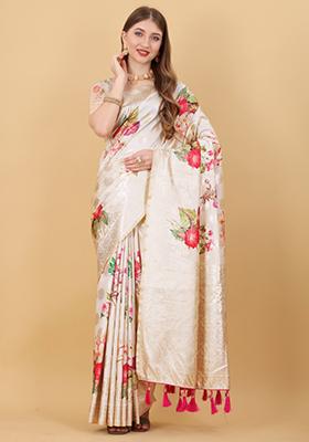 Cream Weaving Silk Saree Set
