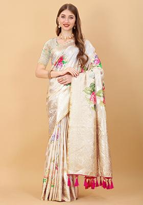 Cream Weaving Silk Saree Set