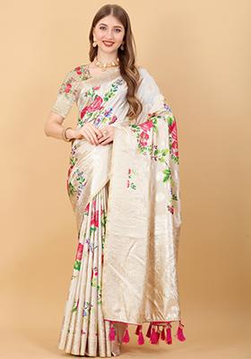 Cream Weaving Silk Saree Set