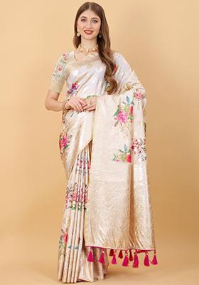 Cream Weaving Silk Saree Set