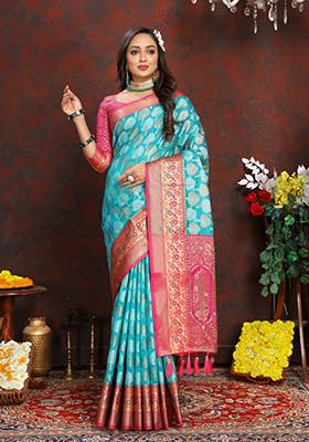 Firozi Blue Weaving Silk Saree Set