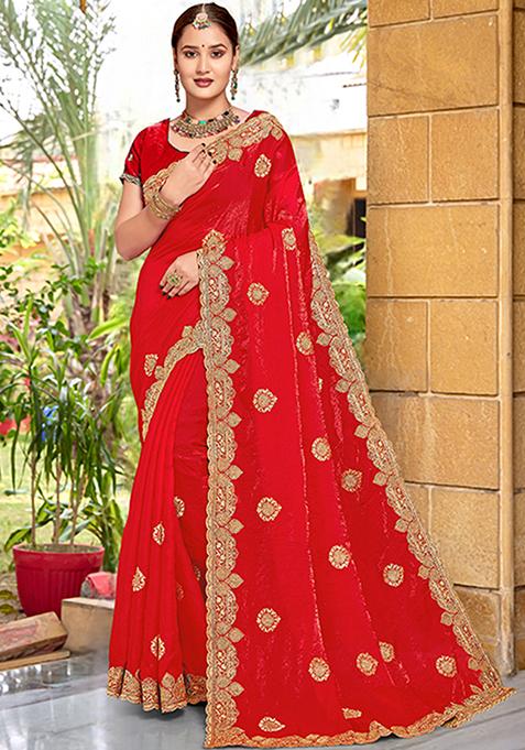 Red Embroidered Silk Saree Set