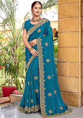 Morpeach Blue Embroidered Silk Saree Set