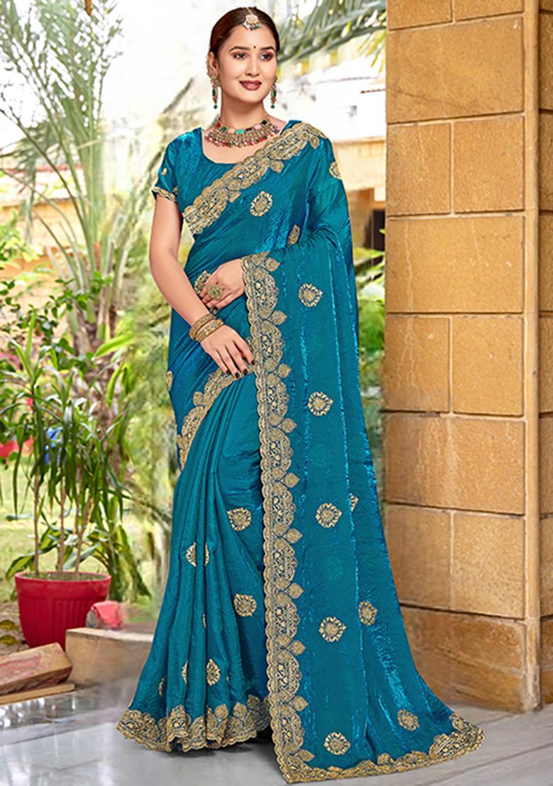 Morpeach Blue Embroidered Silk Saree Set