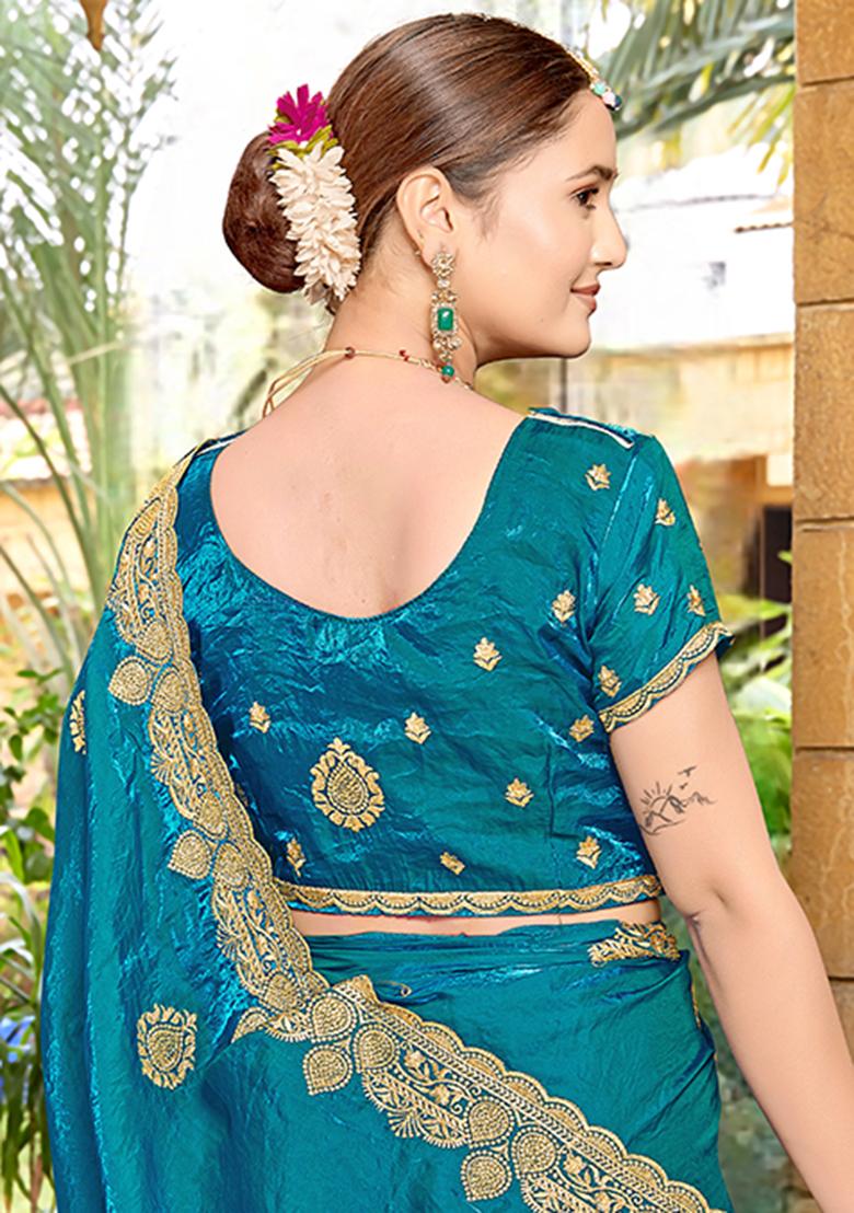 Morpeach Blue Embroidered Silk Saree Set