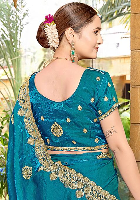 Morpeach Blue Embroidered Silk Saree Set