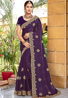 Purple Embroidered Silk Saree Set