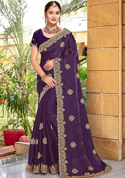 Purple Embroidered Silk Saree Set