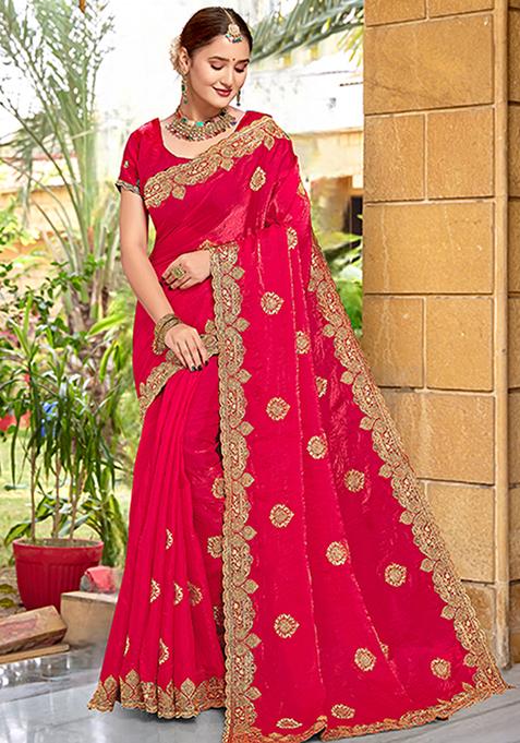 Rani Pink Embroidered Silk Saree Set