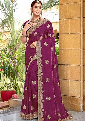 Wine Embroidered Silk Saree Set