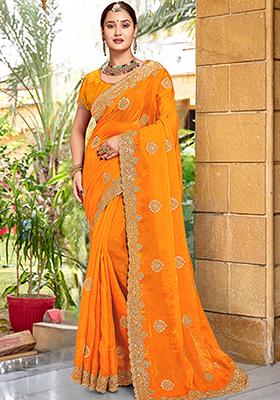 Mustard Yellow Embroidered Silk Saree Set