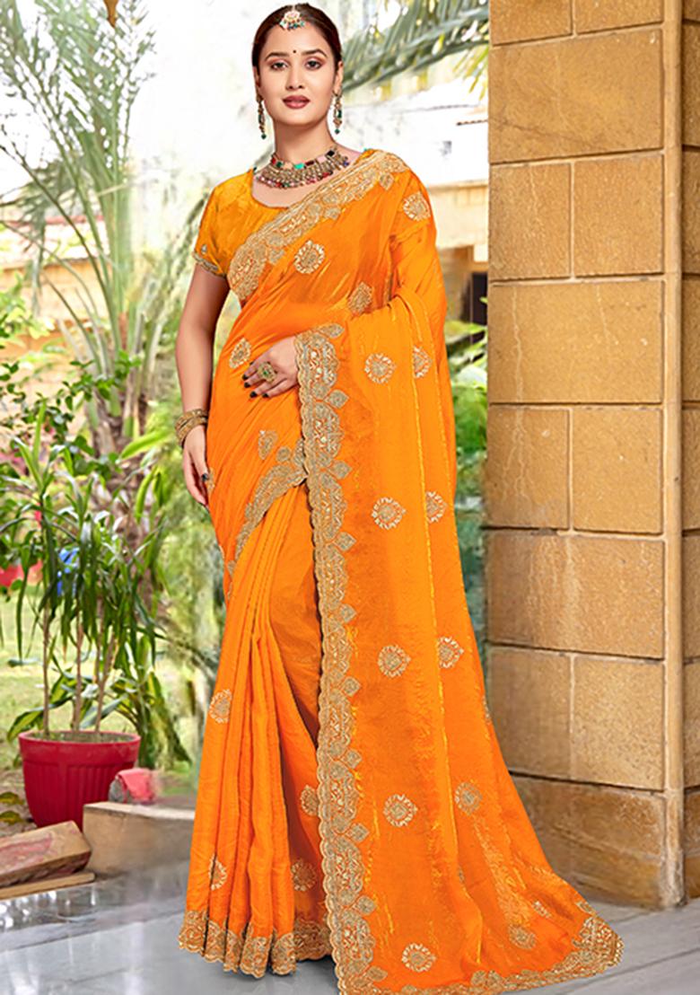Mustard Yellow Embroidered Silk Saree Set